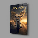 Born to Ride Winged Motorcycle Sunset Glass Wall Art