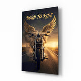 Born to Ride Winged Motorcycle Sunset Glass Wall Art