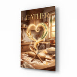 Gather Golden Flour Heart Kitchen Glass Wall Art