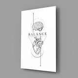 Balance Brain Over Heart White Line Art Glass Wall Art
