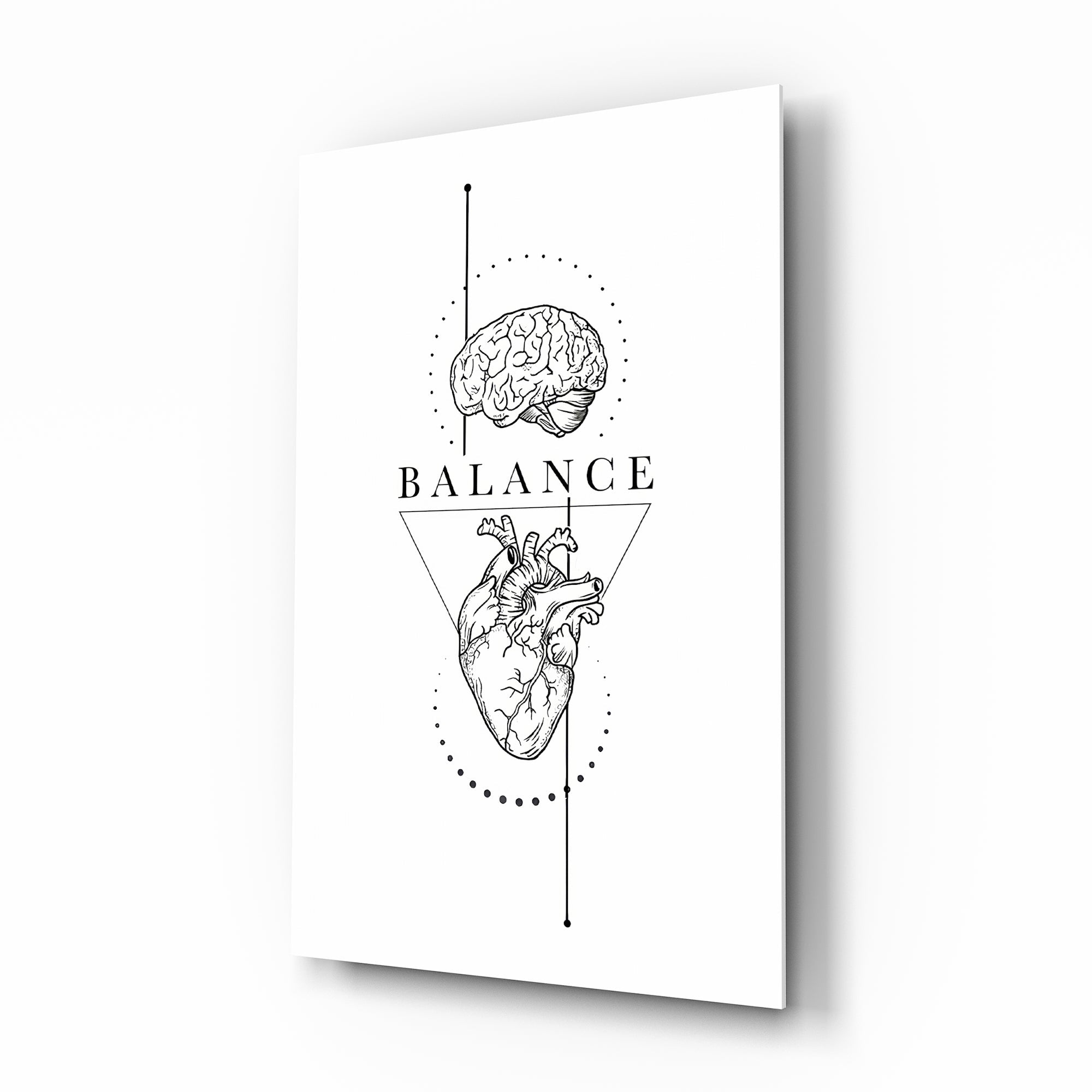 Balance Brain Over Heart White Line Art Glass Wall Art