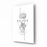 Balance Brain Over Heart White Line Art Glass Wall Art