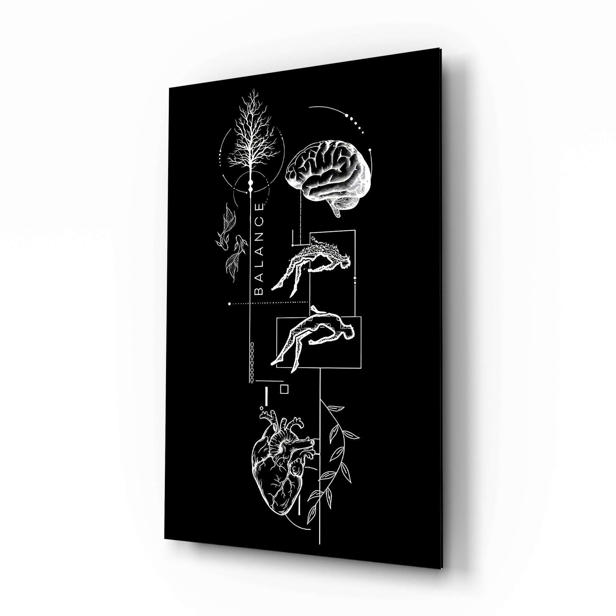 Balance Brain and Heart Line Art Glass Wall Art