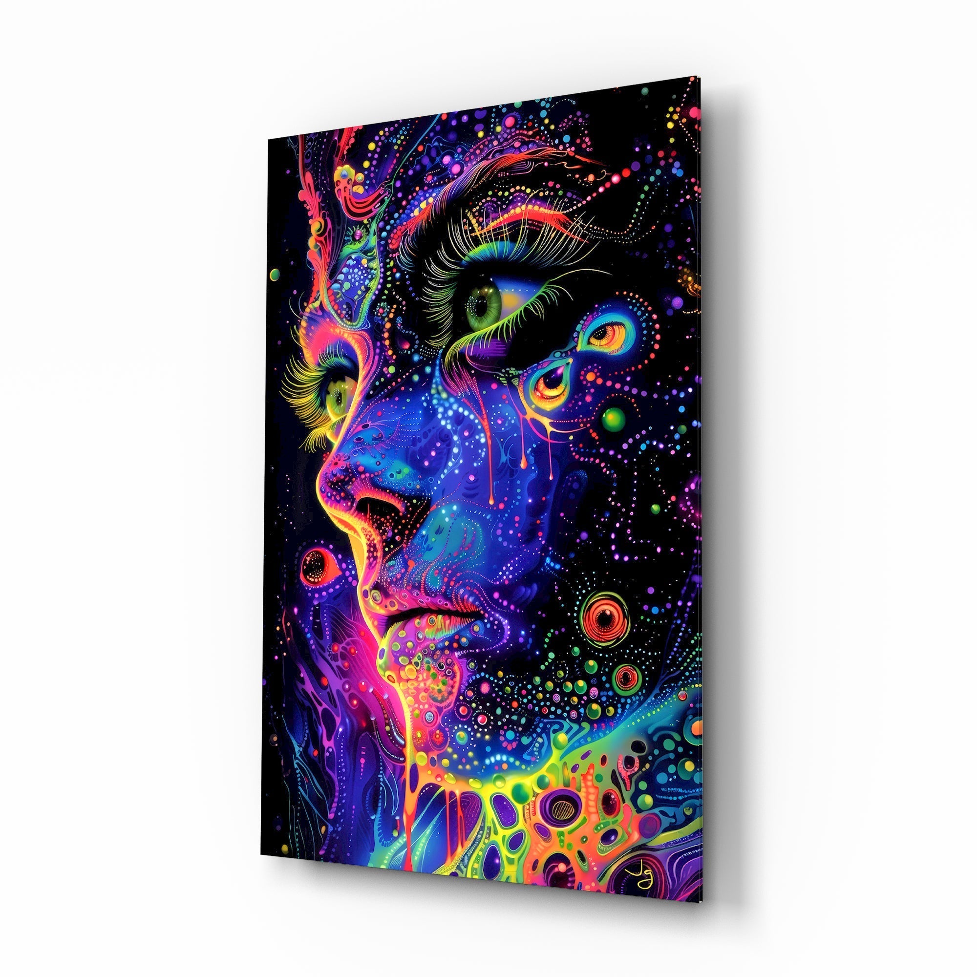 Neon Dot Psychedelic Woman Face Glass Wall Art