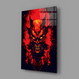Burning Red Horned Demon Face Glass Wall Art