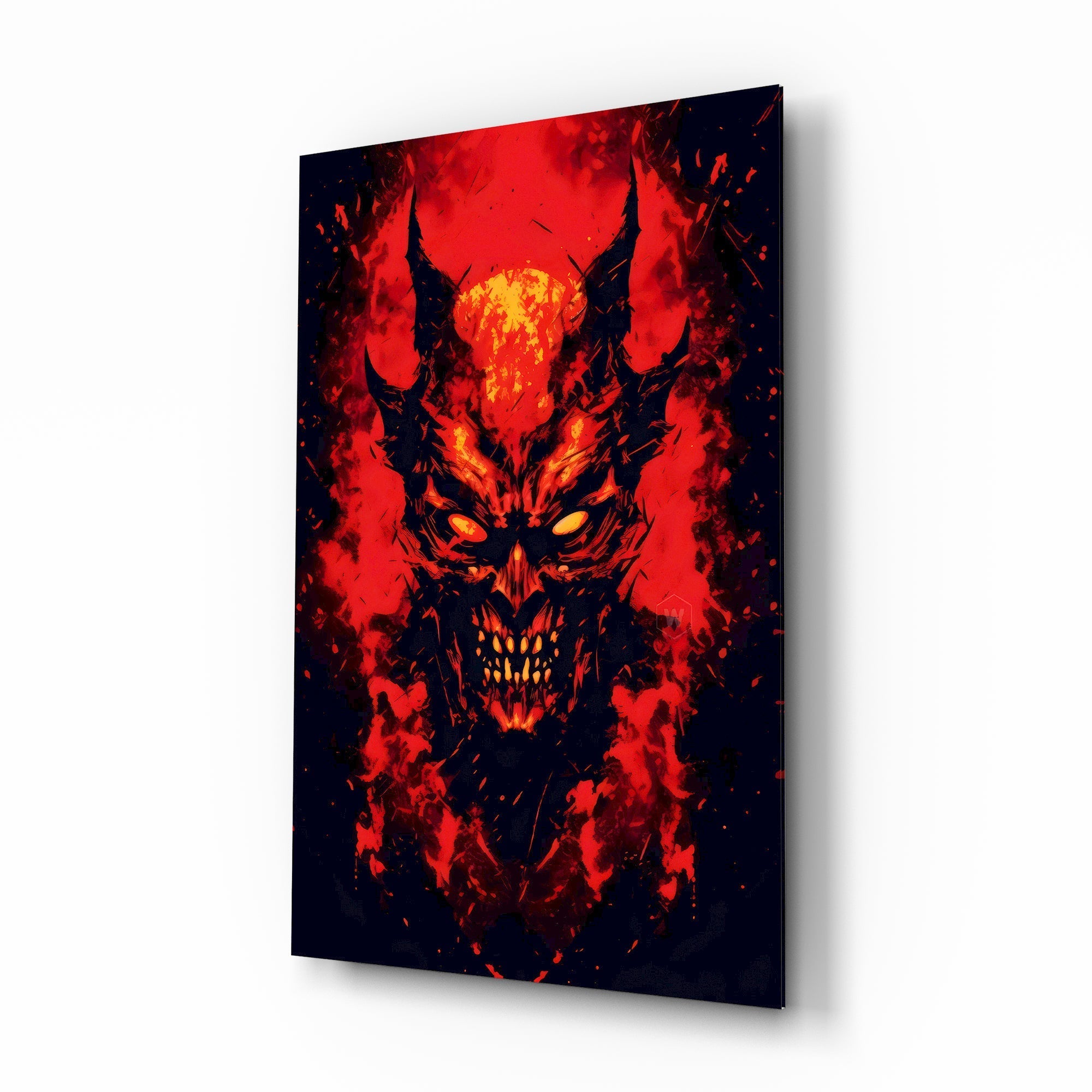 Burning Red Horned Demon Face Glass Wall Art