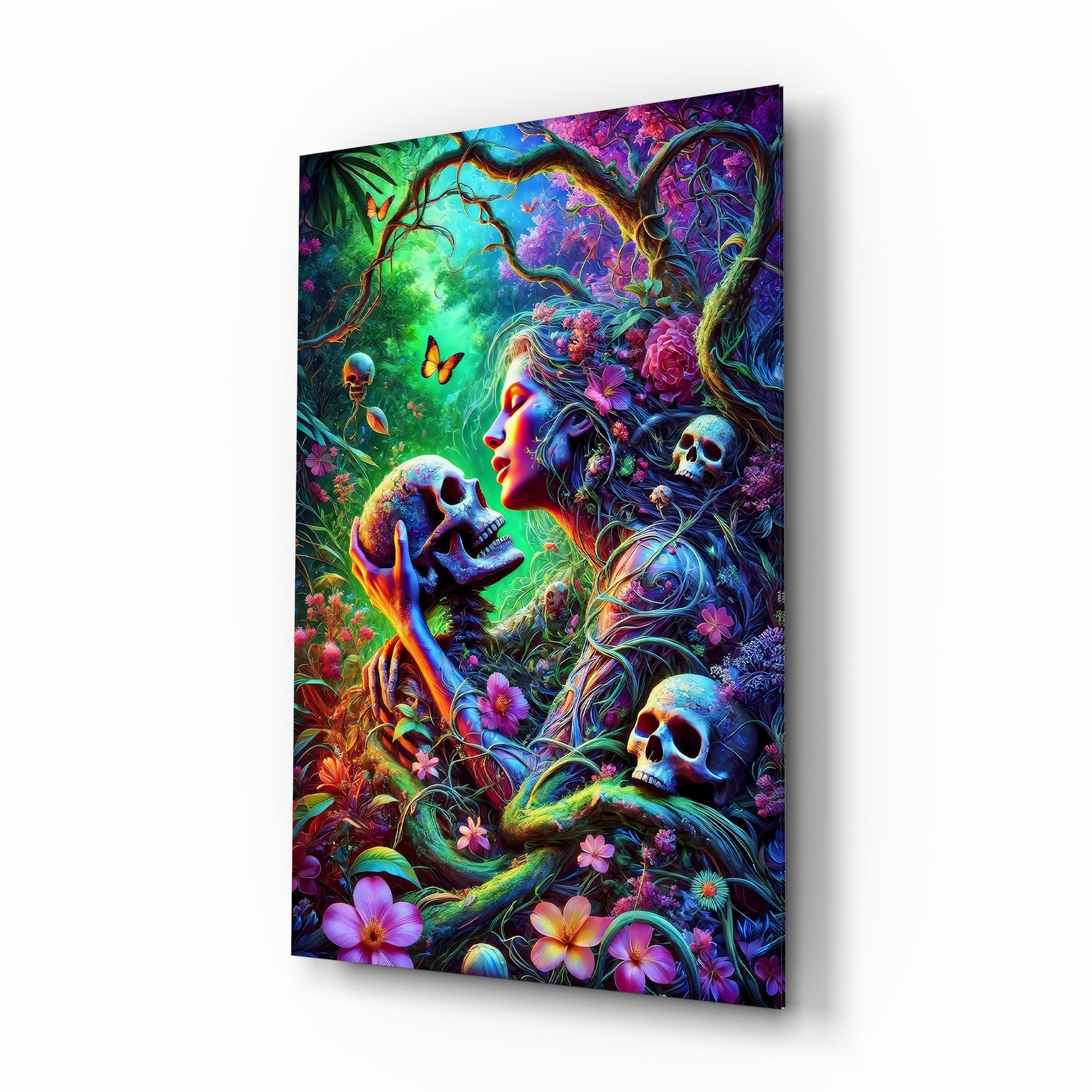 Neon Jungle Flower Goddess Skull Glass Wall Art