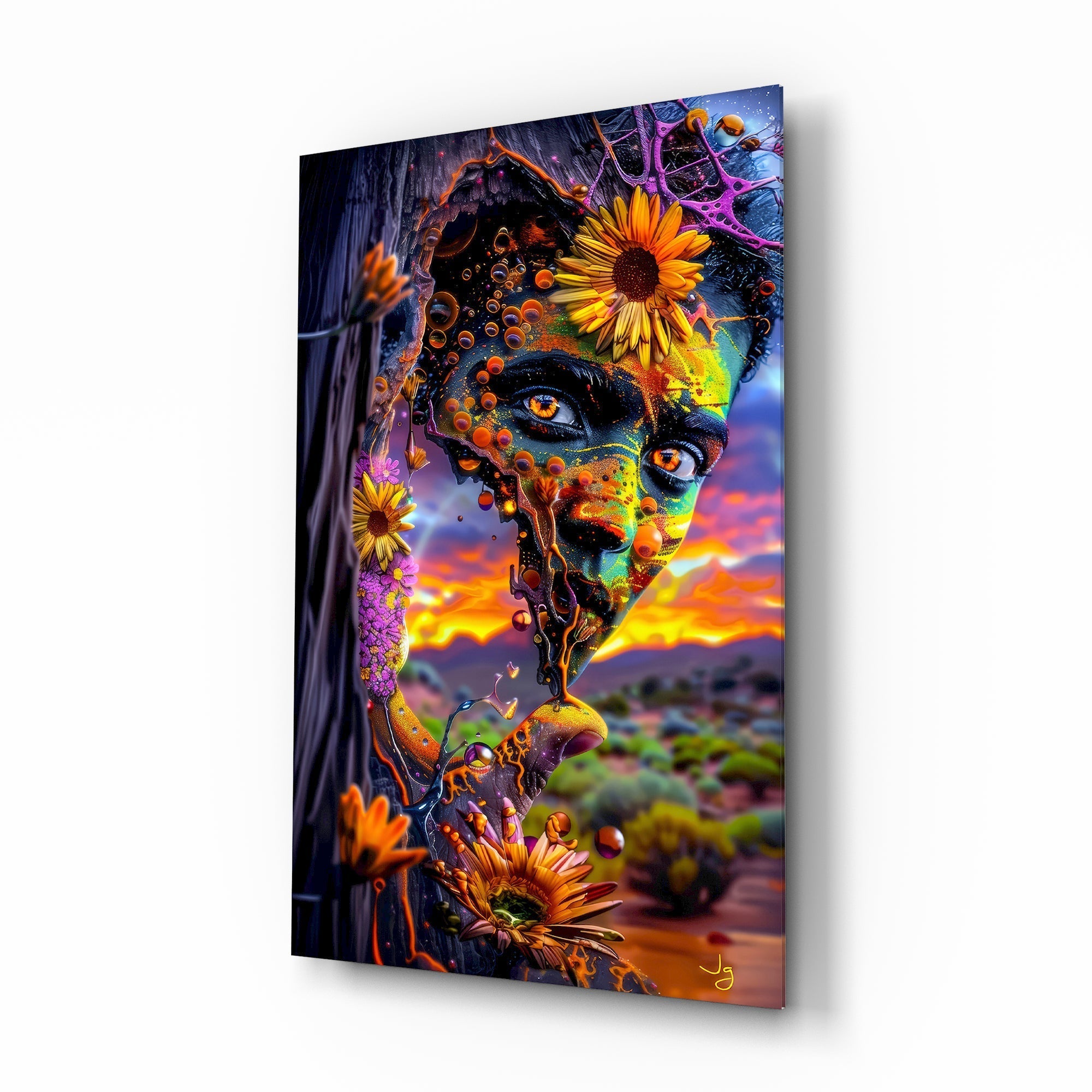 Sunset Desert Sunflower Face Glass Wall Art