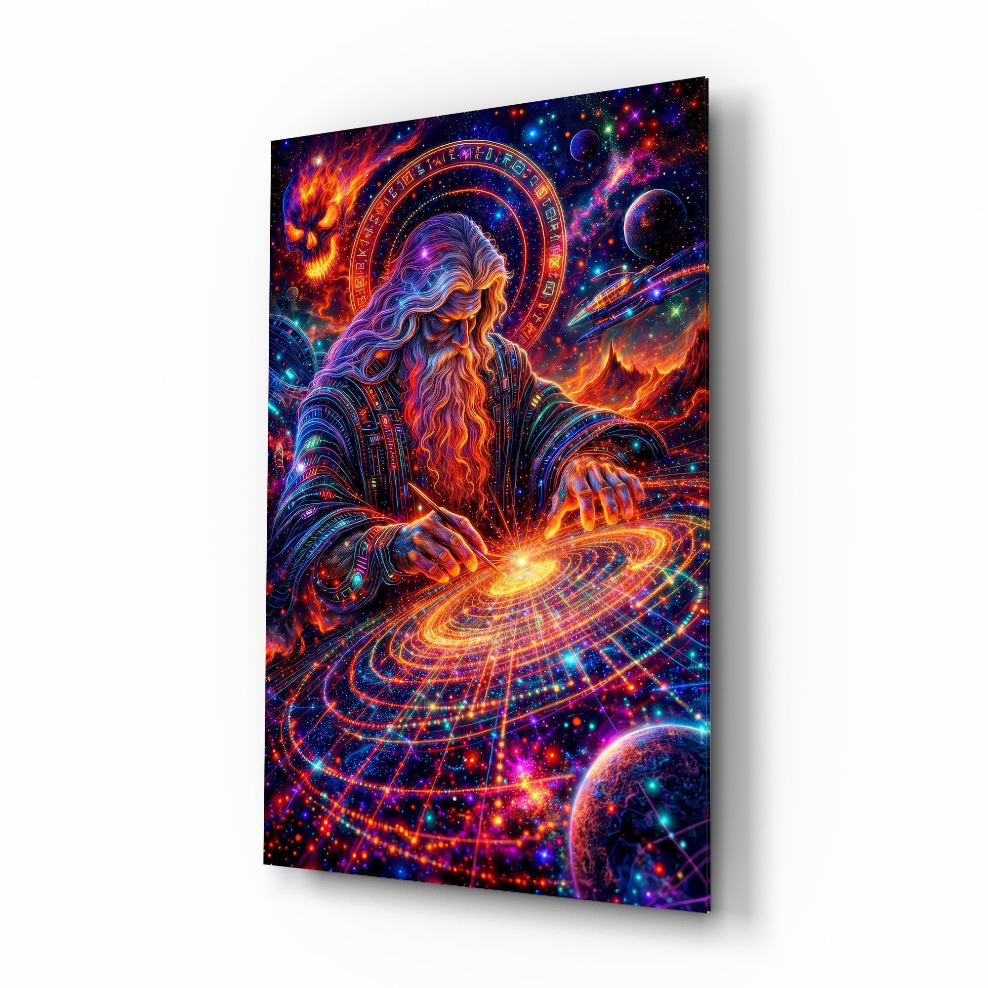 Neon Cosmic Wizard Spinning Galaxy Glass Wall Art