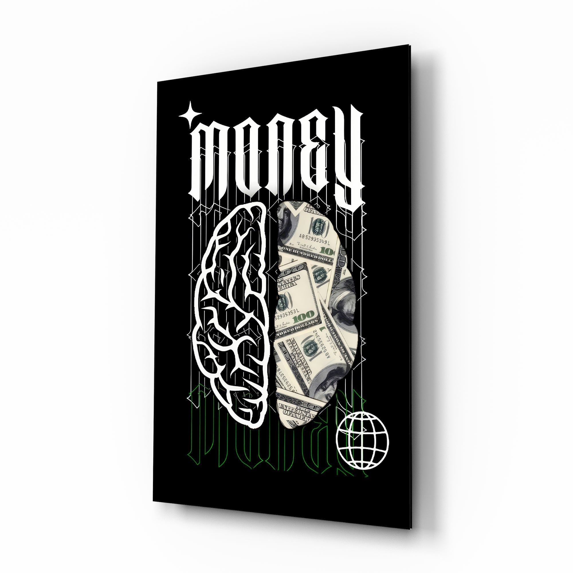 Money Brain Gothic Type Black Glass Wall Art