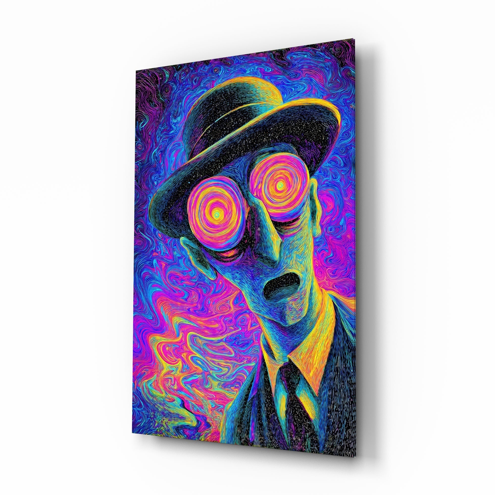 Spiral Eyes Bowler Hat Man Neon Glass Wall Art