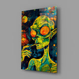 Green Alien Smoking Psychedelic Glass Wall Art