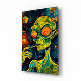 Green Alien Smoking Psychedelic Glass Wall Art