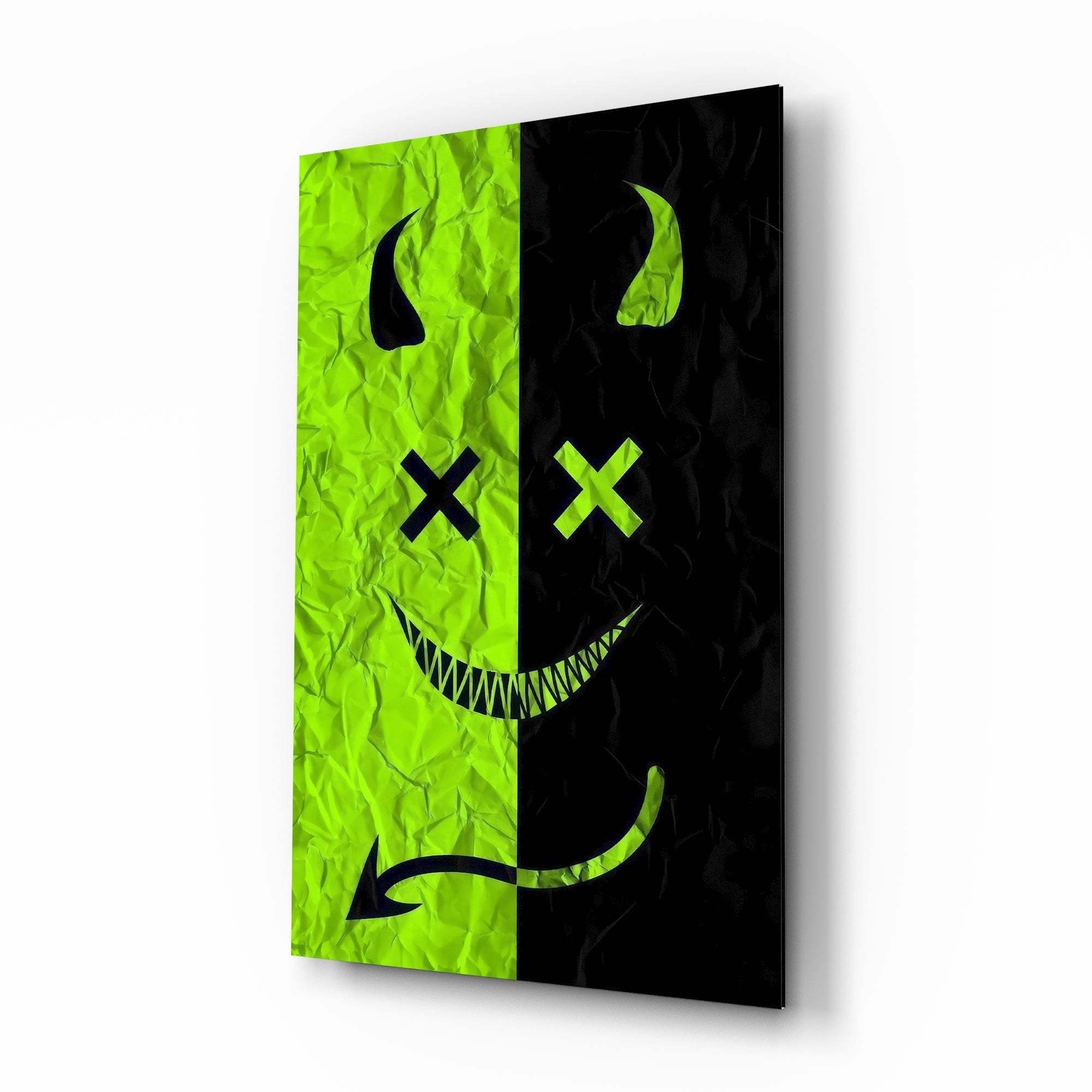 Split Neon Green Devil Smile Glass Wall Art