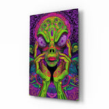 Neon Alien Face Psychedelic Mushroom Glass Wall Art