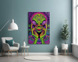 Neon Alien Face Psychedelic Mushroom Glass Wall Art