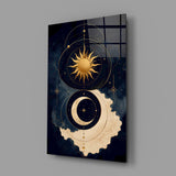 Navy and Gold Sun and Crescent Moon Glass Wall Art
