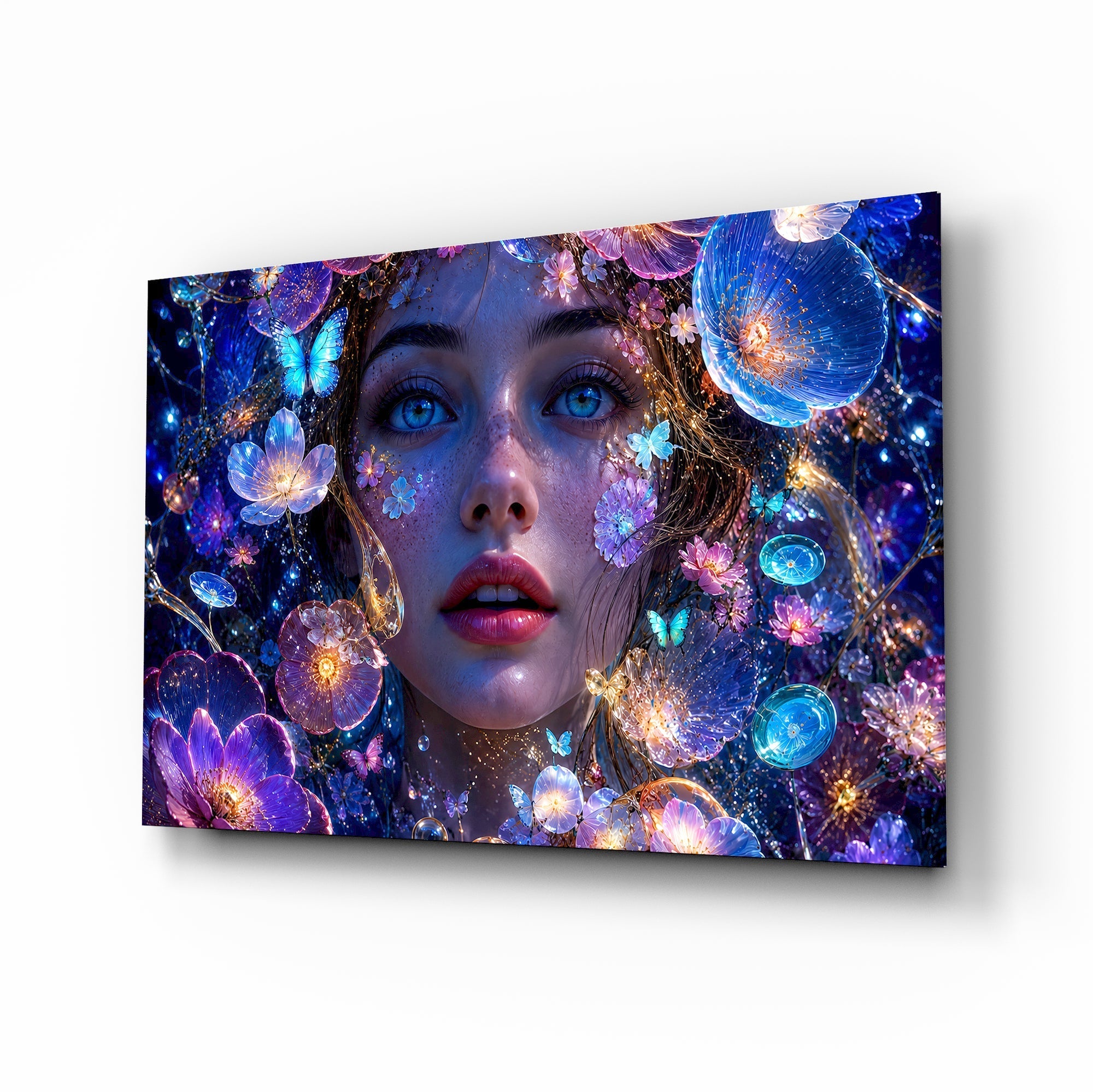 Blue Eyed Woman Glowing Flowers Glass Wall Art