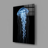 Blue Jellyfish on Black Deep Sea Glass Wall Art