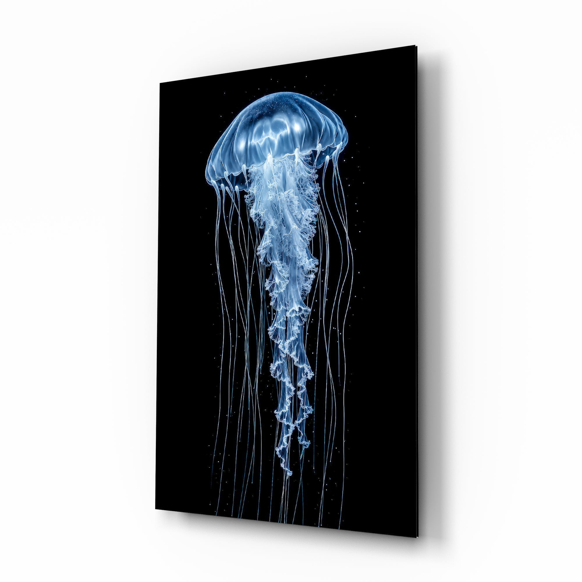 Blue Jellyfish on Black Deep Sea Glass Wall Art