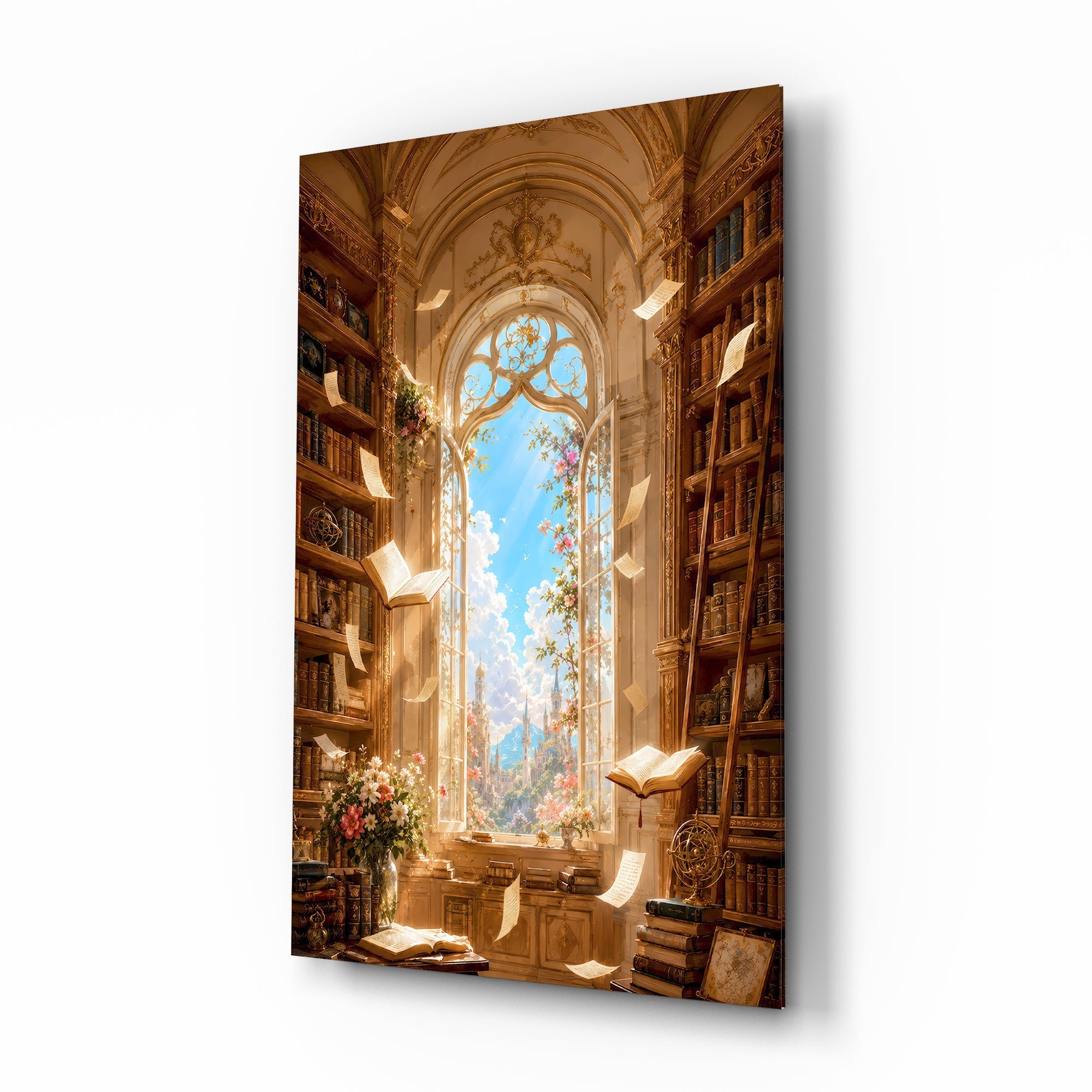 Floating Pages Sunlit Library Glass Wall Art