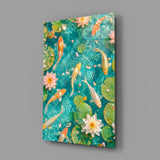 Turquoise Koi Pond Water Lily Glass Wall Art