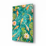 Turquoise Koi Pond Water Lily Glass Wall Art