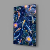 Midnight Blue Koi and Glowing Lotus Glass Wall Art