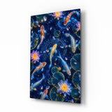 Midnight Blue Koi and Glowing Lotus Glass Wall Art