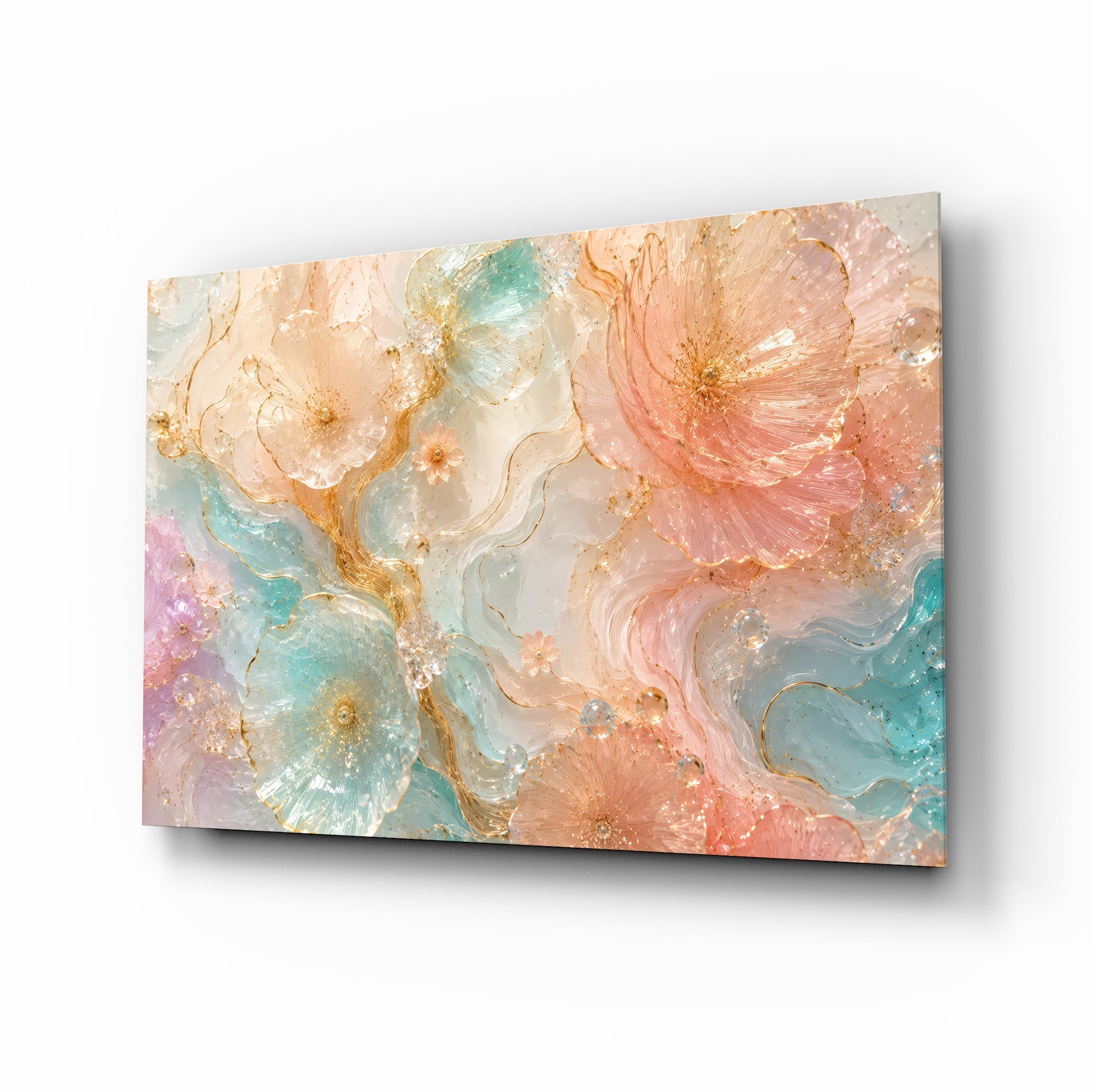 Blush Peach and Mint Marbled Petals Glass Wall Art