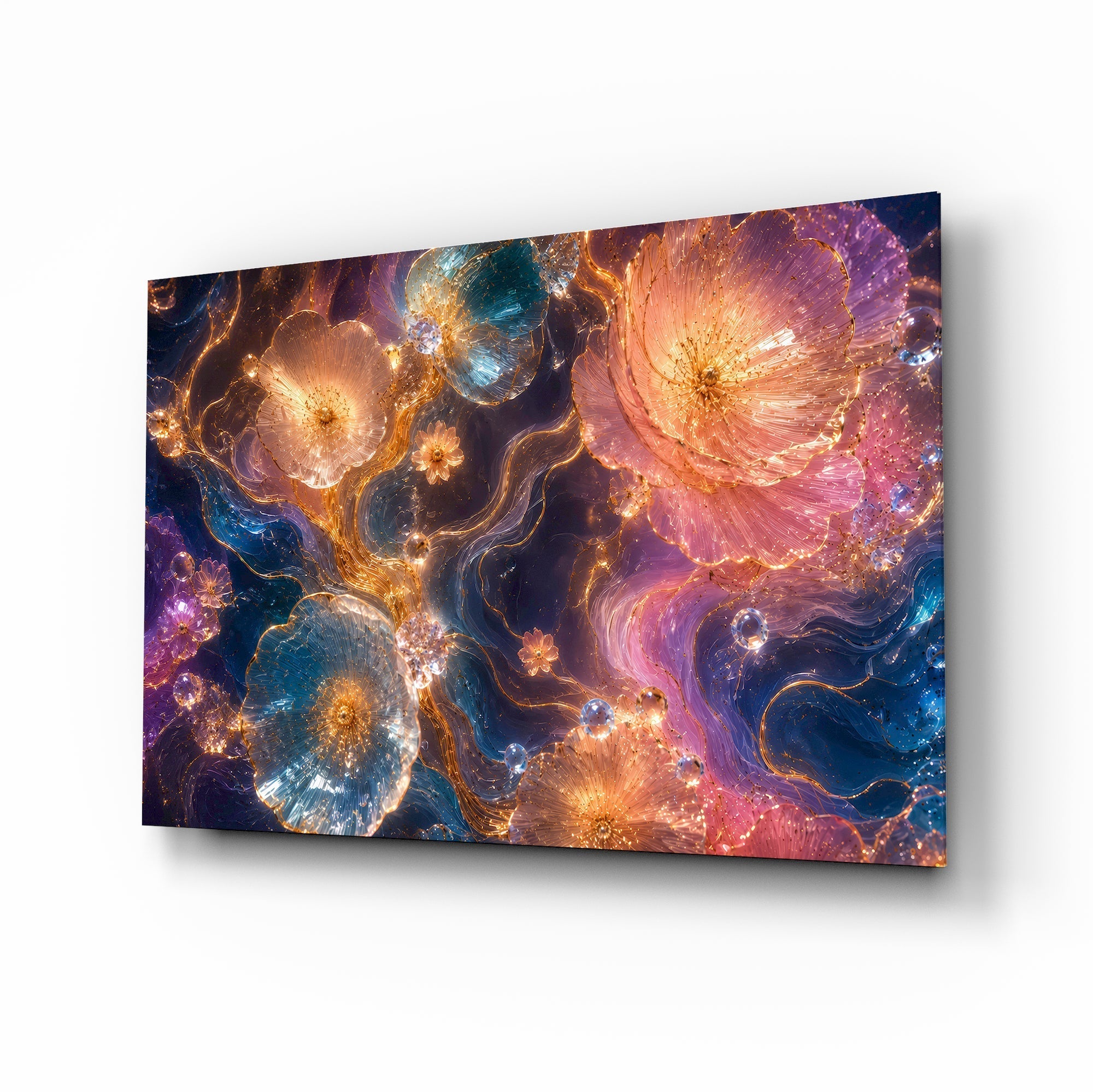 Jewel Tone Sapphire and Rose Petals Glass Wall Art