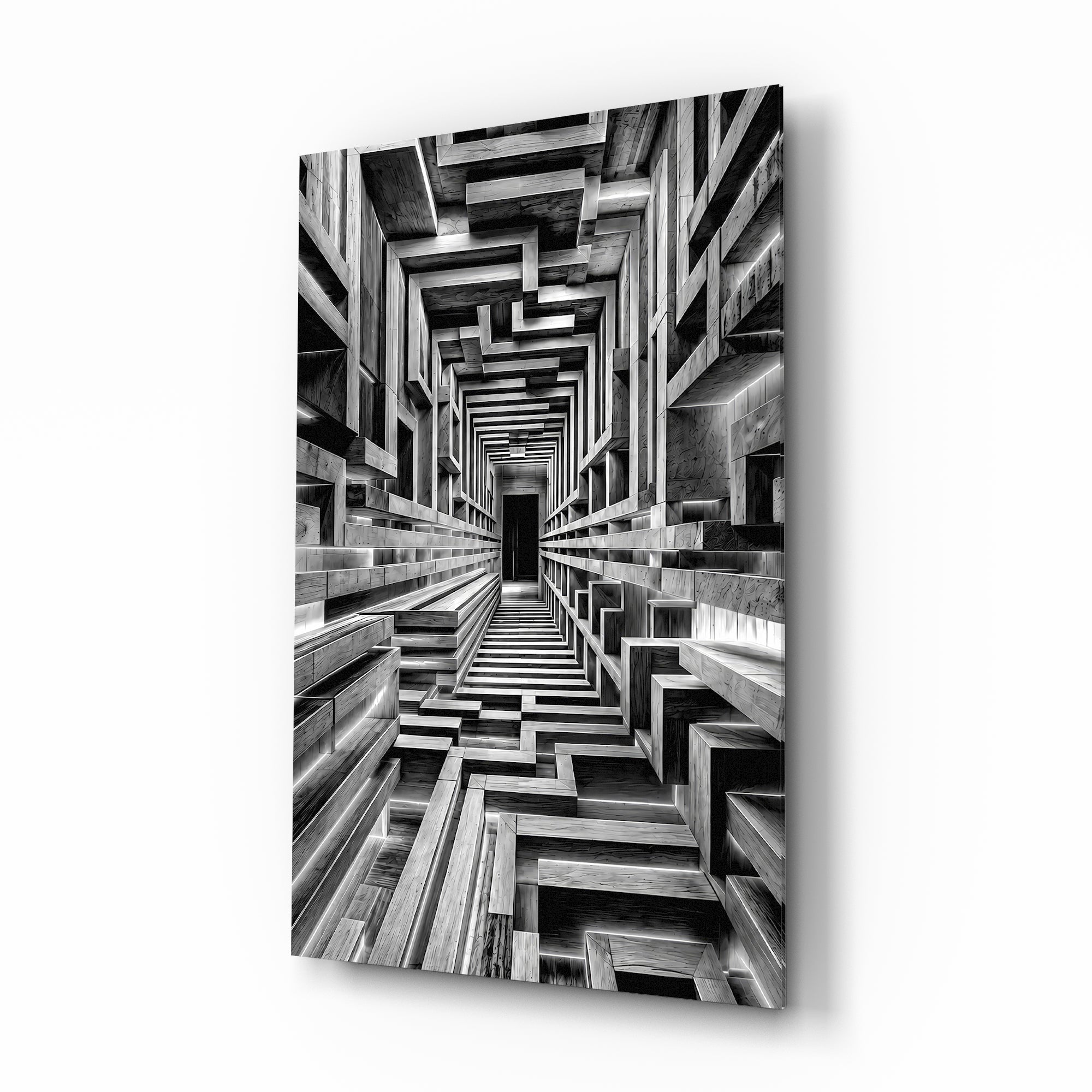 Monochrome Timber Infinity Corridor Glass Wall Art