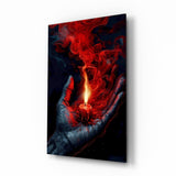 Red Candle in Cupped Hand Smoke Glass Wall Art