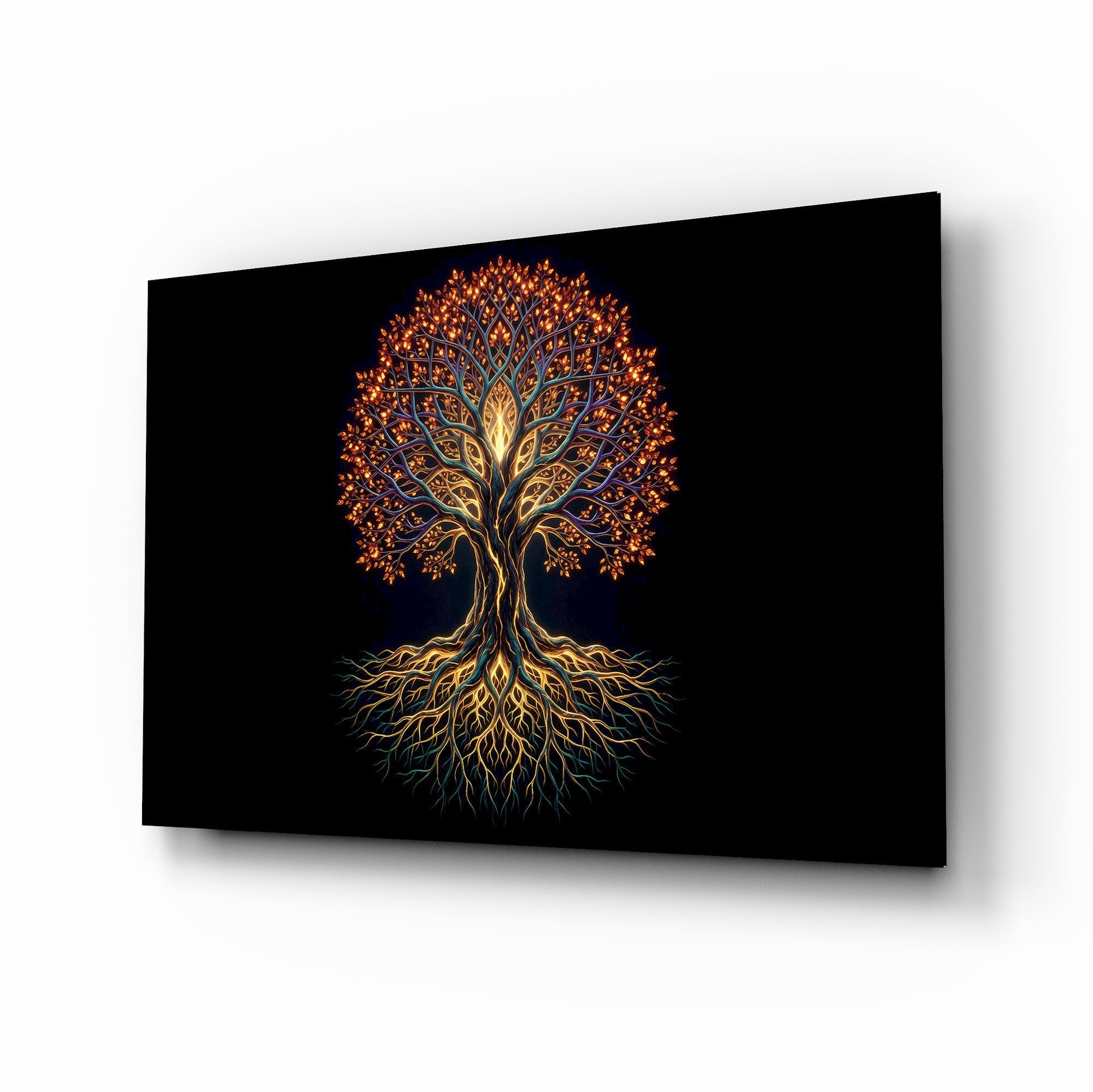 Golden Tree of Life Glowing Roots Glass Wall Art