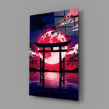 Crimson Moon Torii Gate Blossom Glass Wall Art