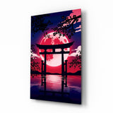 Crimson Moon Torii Gate Blossom Glass Wall Art