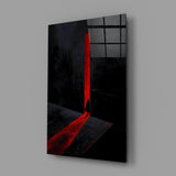 Red Doorway Cloaked Figure Glass Wall Art
