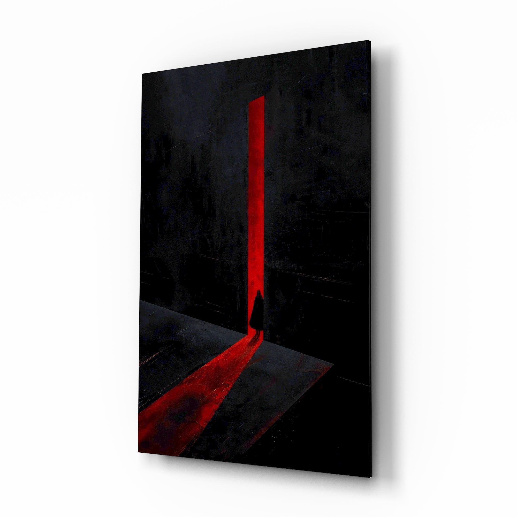 Red Doorway Cloaked Figure Glass Wall Art