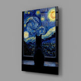 Black Cat at the Starry Night Window Glass Wall Art