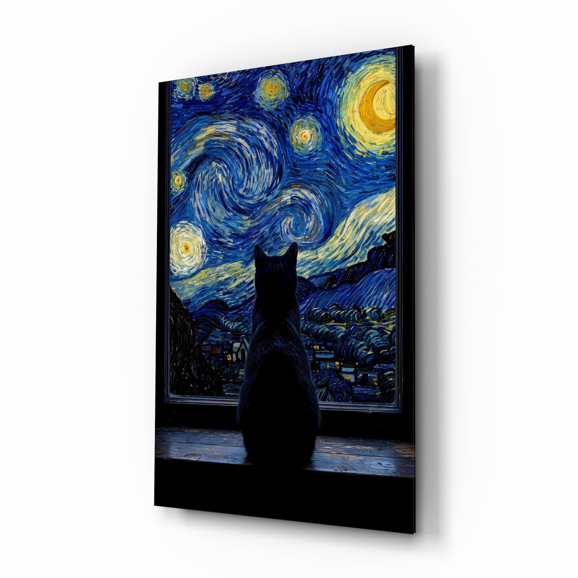 Black Cat at the Starry Night Window Glass Wall Art