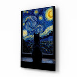 Black Cat at the Starry Night Window Glass Wall Art