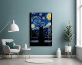 Black Cat at the Starry Night Window Glass Wall Art