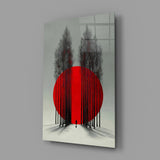 Crimson Sun Behind Bare Poplars Glass Wall Art