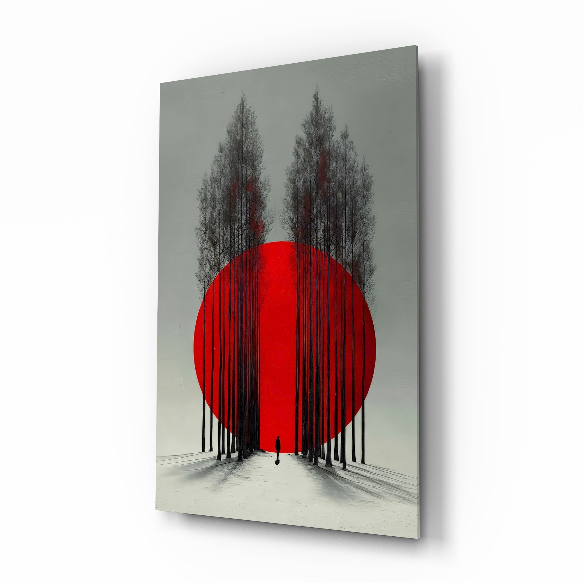 Crimson Sun Behind Bare Poplars Glass Wall Art