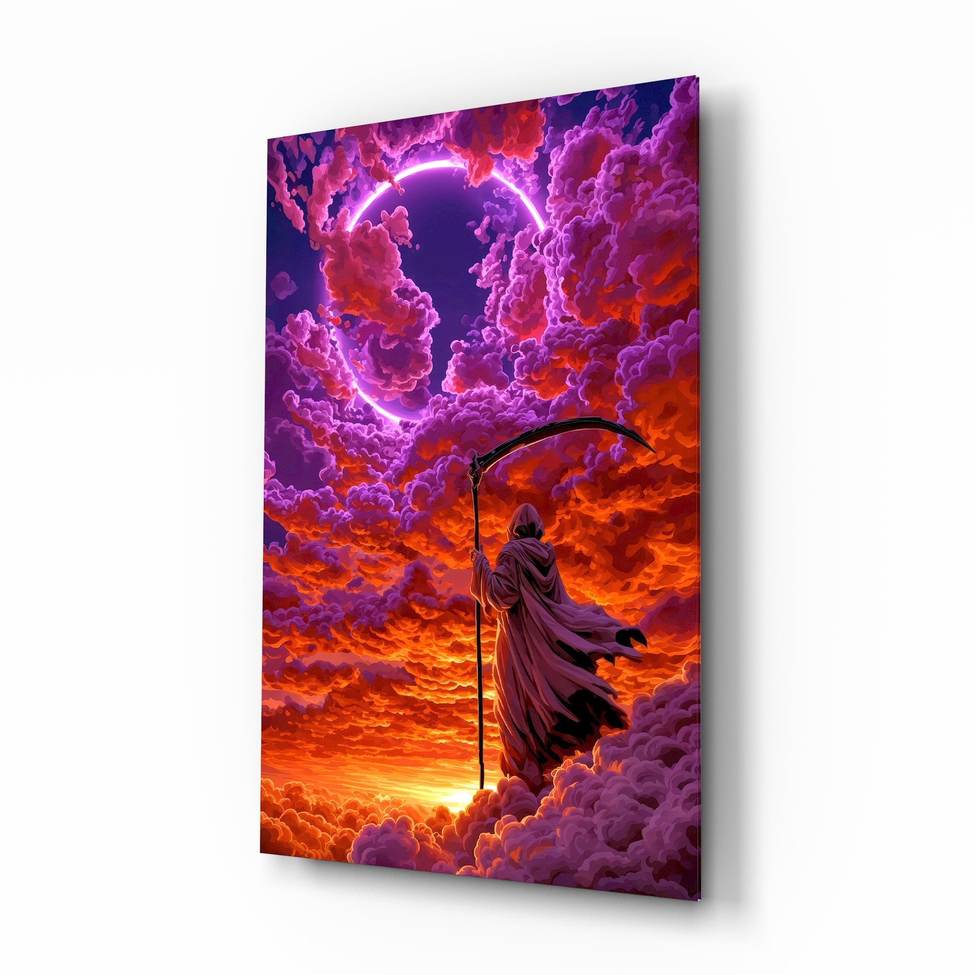 Neon Ring Hooded Reaper in Clouds Glass Wall Art
