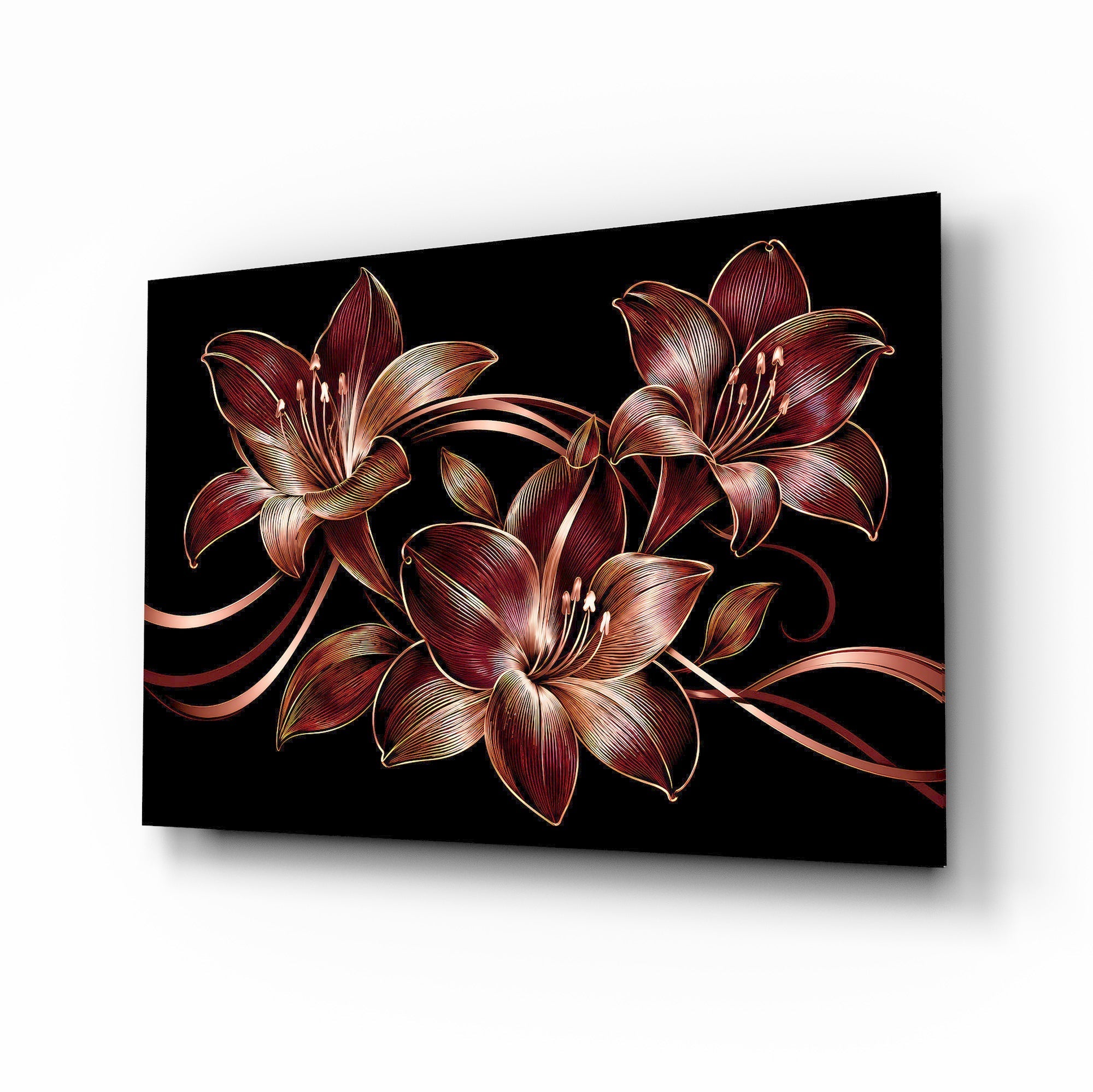 Crimson Gold Lily Trio Glass Wall Art