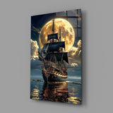 Galleon and Full Moon Seascape Glass Wall Art