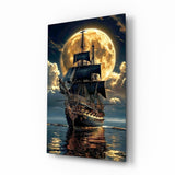 Galleon and Full Moon Seascape Glass Wall Art