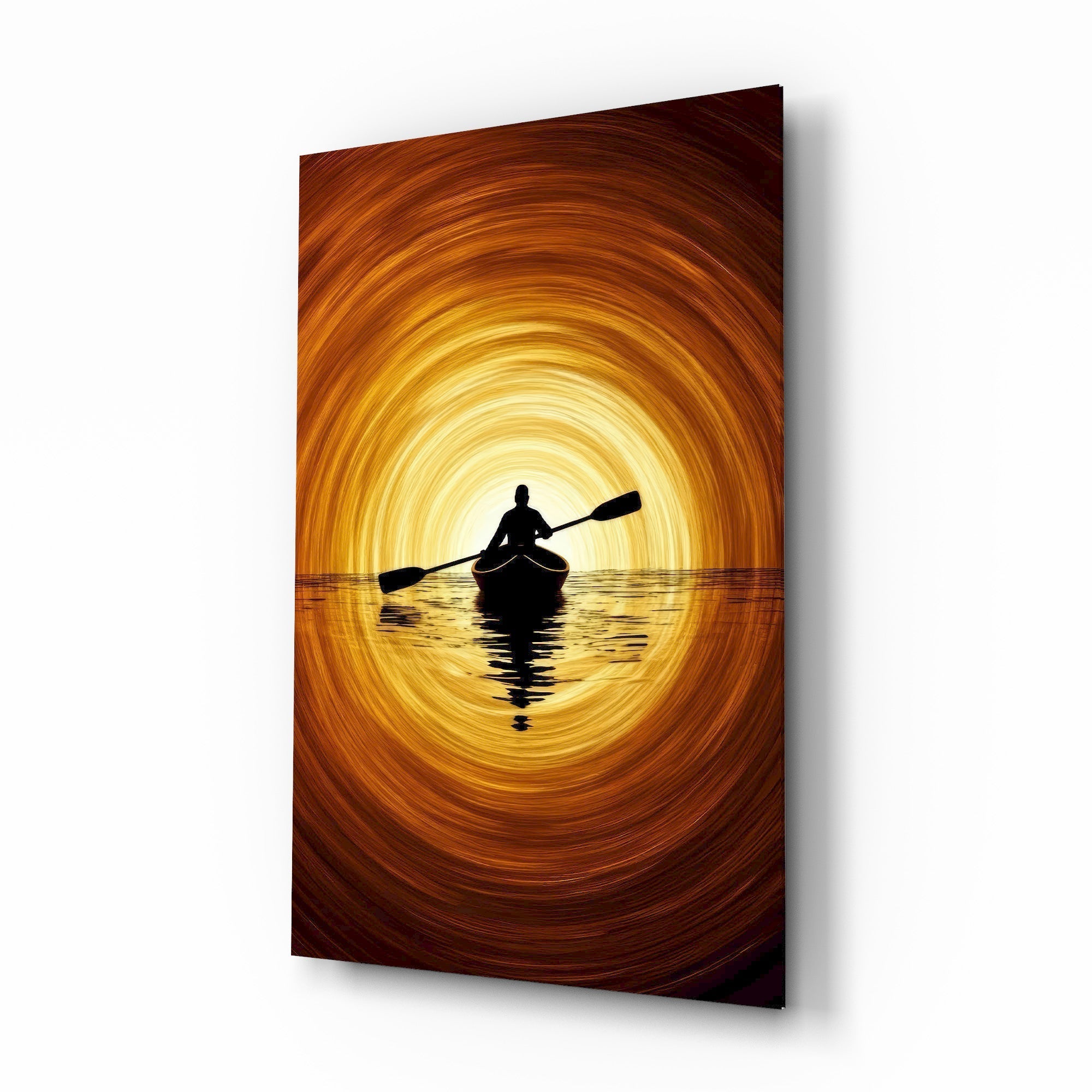 Golden Sunset Kayaker Silhouette Glass Wall Art