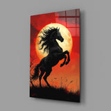 Rearing Black Horse Red Moon Glass Wall Art